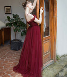 Burgundy tulle long prom dress simple evening gown HZ1023