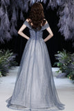 Grey tulle beads long prom dress shiny evening dress HZ1023