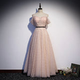 Lovely A line tulle pearl long prom dress evening dress HZ1023