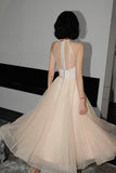 Cute tulle see through short prom dress champagne evening dress HZ1023