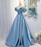 Shiny satin long A line prom dress blue evening dress HZ1023