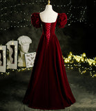 Burgundy velvet long A line prom dress evening dress HZ1023