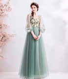 Green tulle lace long A line prom dress evening dress HZ1023