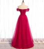 Red tulle beads long prom dress red evening dress HZ1023
