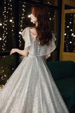 Silver sequins long prom dress shiny evening dress HZ1023