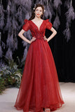 Red v neck tulle long A line prom dress evening dress HZ1023