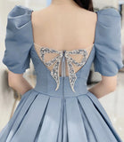 Blue Satin Elegant Short Sleeve Long A-Line Ball Gown Evening Dress HZ1023