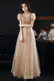 Gold tulle beads long A line prom dress evening dress HZ1023