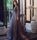 Blue v neck tulle lace long prom dress evening dress HZ1023