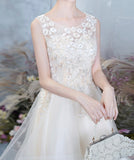 Champagne tulle lace high low prom dress party dress HZ1023