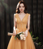 Yellow tulle short A line prom dress yellow evening dress HZ1023