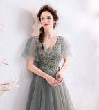 Elegant v neck lace long prom dress evening dress HZ1023