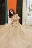 Gold tulle sequins long prom dress A line evening dress HZ1023