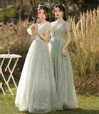 Green tulle long A line prom dress bridesmaid dress HZ1023