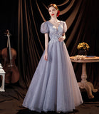 Gray tulle sequins long A line prom dress evening dress HZ1023