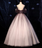 Brown Delicate Floral Applique Fashion A-Line Long Tulle Ball Gown Evening Dress HZ1023