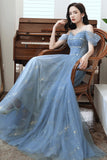Blue tulle beads long A line prom dress evening dress HZ1023