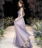 Purple tulle long A line prom dress purple evening dress HZ1023