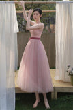 Pink tulle short A line prom dress evening dress HZ1023