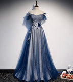 Shiny tulle sequins long prom dress blue evening dress HZ1023