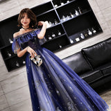 Blue tulle long prom dress with stars HZ1023