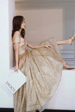 Gold sequins long A line prom dress evening dress HZ1023