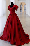 Burgundy Vintage Fashion Exquisite Beading A-Line Long Satin Ball Gown Evening Dress HZ1023