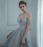 Grey tulle beads long prom dress evening dress HZ1023