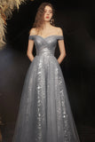 Grey long A line prom dress off shoulder evening dress HZ1023