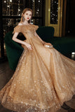 Gold tulle sequins long prom dress evening dress HZ1023