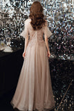 Champagne tulle sequins long A line prom dress evening dress HZ1023
