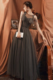 Gray tulle long A line prom dress evening dress HZ1023