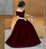 Burgundy Elegant Fashion Strapless Long Velvet Ball Gown Evening Dress HZ1023