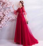 Red v neck lace long prom dress A line evening gown HZ1023