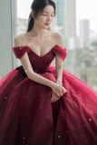 Burgundy tulle long A line prom dress evening dress HZ1023