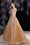 Gold tulle sequins long A line prom dress evening dress HZ1023