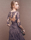 Gray purple elegant long sleeve lace long tulle ball gown evening dress HZ1023