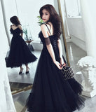 Black tulle tea length prom dress HZ1023