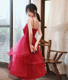 Burgundy v neck tulle sequins prom dress homecoming dress HZ1023