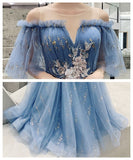 Blue tulle sequins long prom dress evening dress HZ1023
