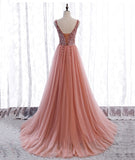 Pink v neck tulle beads prom dress A line evening dress HZ1023