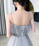 Gray tulle sequins long prom dress party dress HZ1023