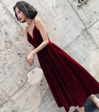 Burgundy v neck velvet short prom dress HZ1023