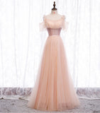 Pink tulle sequins long prom dress HZ1023