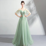 Green tulle lace long prom dress, evening dress HZ1023