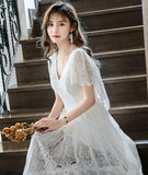White lace high low prom dress evening dress HZ1023