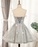 Gray tulle sequins short prom dress HZ1023