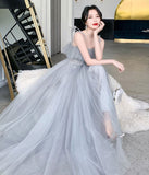 Gray tulle sequins long prom dress party dress HZ1023
