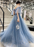 Blue tulle sequins long prom dress evening dress HZ1023