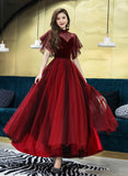 Burgundy velvet tulle prom dress burgundy evening dress HZ1023
